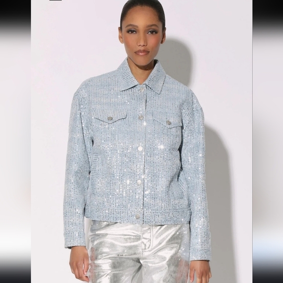 Walter Baker Shawna Sequin Denim Jacket Large | Anthropologie, Oversized Glam Lu - Picture 1 of 15